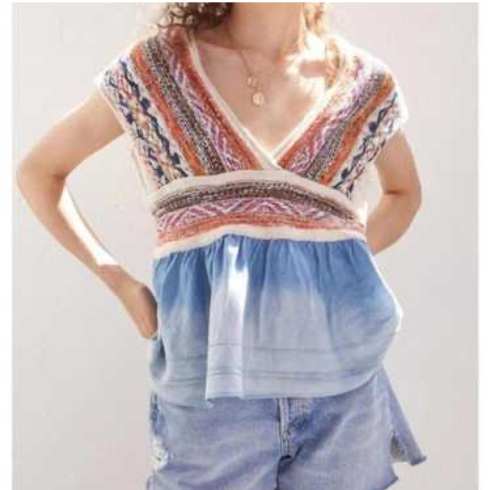 Pilcro Multicolor Knit Blouse with Blue Hem